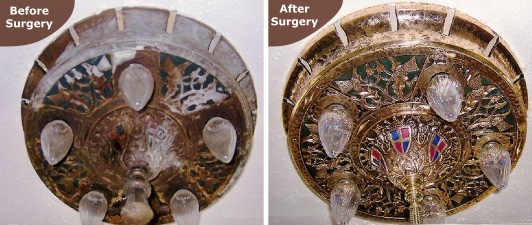 Before and after chandelier lighting restoration by Light Doctor for the Chicago market