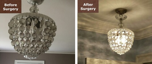 Before and after crystal chandelier restoration by Light Doctor for Chicago customers