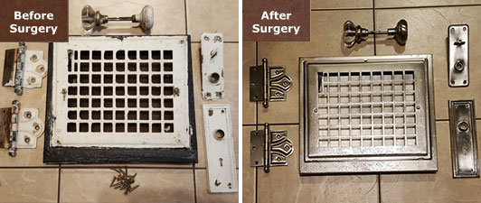Before and after decorative hardware restoration and refinishing by Light Doctor for the Chicago market