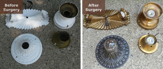 Before and after vintage light fixture restoration by Light Doctor for the Chicago market